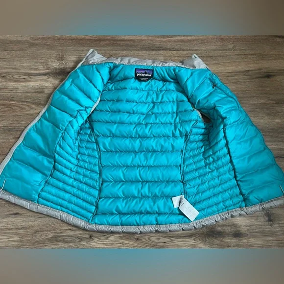 PATAGONIA Hyvent Women Down Sweater Vest Size Small Grey/Turquoise style 84628 - Picture 5 of 11